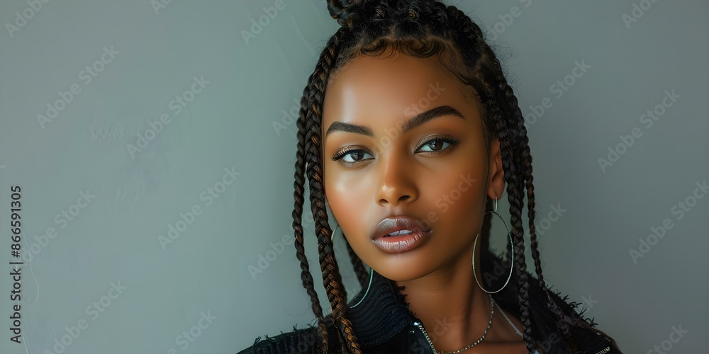 A fashionable woman with cornrows striking a pose against a grey backdrop. Concept Outdoor Photoshoot, Fashionable Woman, Cornrows, Striking Pose, Grey Backdrop A fashionable woman with cornrows striking a pose against a grey backdrop. Concept Outdoor Photoshoot, Fashionable Woman, Cornrows, Striking Pose, Grey Backdrop