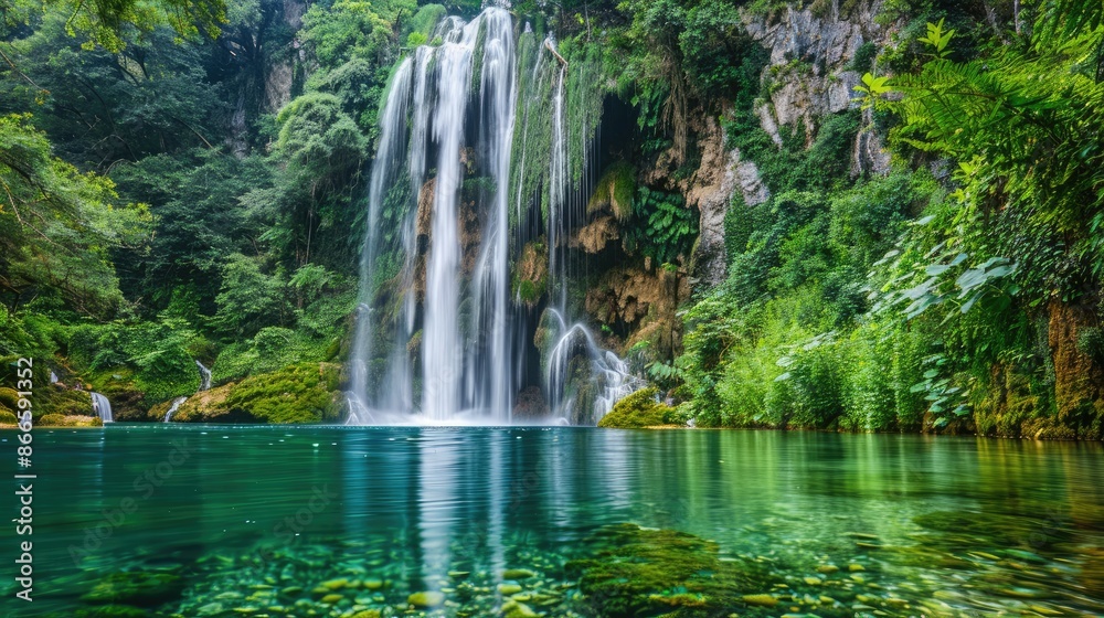 Obraz premium A majestic waterfall flowing into a crystal-clear pool, with lush green trees and plants all around