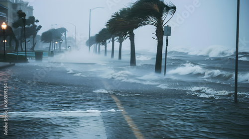 Destructive hurricane unleashing powerful winds and rain as it makes landfall on coastal area. photo