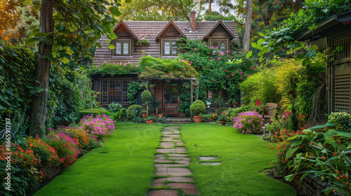 Charming English Cottage Garden with Lush Greenery and Stone Pathway. Tranquil garden oasis.