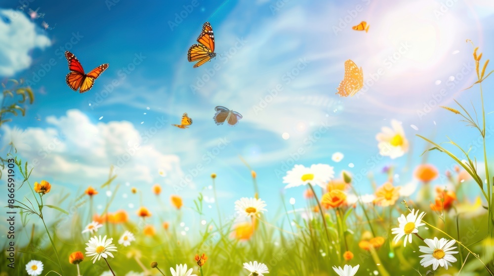 Butterflies flying over grass and flowers nature abstract background
