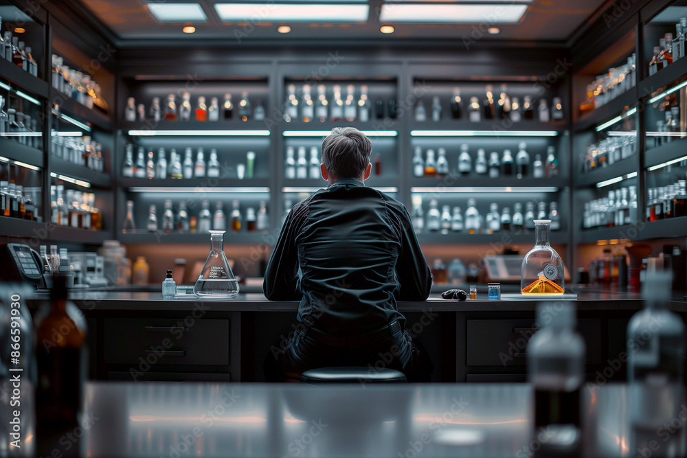 A scientist is seated in a modern laboratory, surrounded by shelves filled with various chemical bottles and scientific equipment. A scientist is seated in a modern laboratory, surrounded by shelves filled with various chemical bottles and scientific equipment.