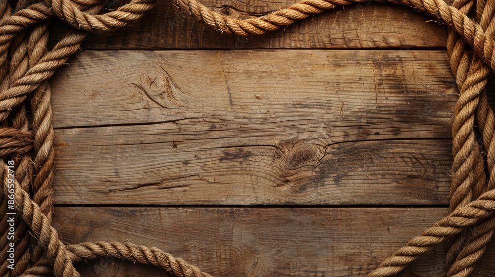 Fototapeta premium Paper background with coiled ship rope on wood texture