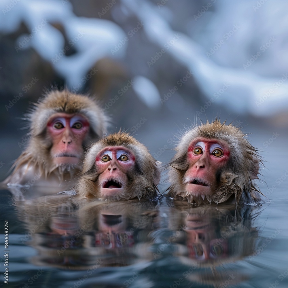 Fototapeta premium Monkey in hot spring in winter
