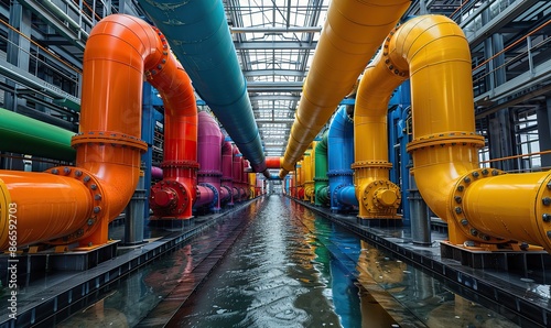 Colorful pipes and valves intertwine in a labyrinthine network of industrial manufacturing. photo