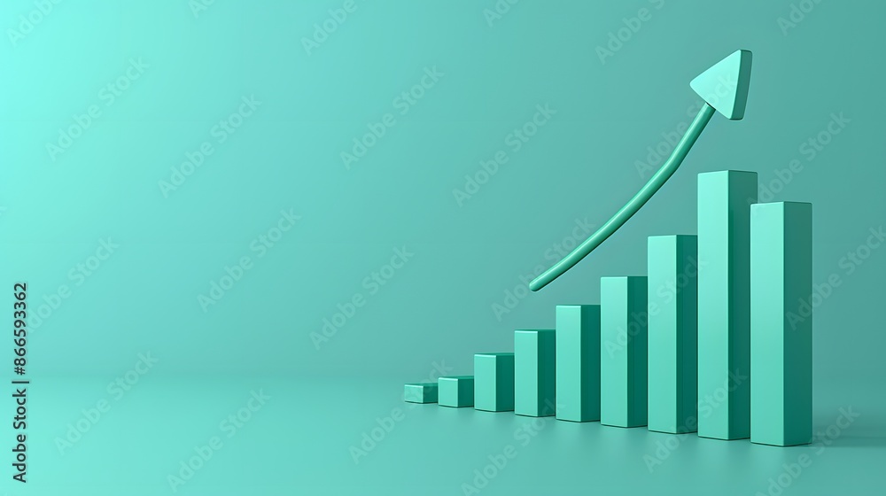 3D bar graph with an upward arrow showing growth, success, or progress in a minimalist green background. Ideal for business or finance concepts. 3D bar graph with an upward arrow showing growth, success, or progress in a minimalist green background. Ideal for business or finance concepts.