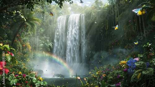 A majestic waterfall in the middle of a dense, green forest, with rays of sunlight breaking through the canopy and mist rising from the water, 