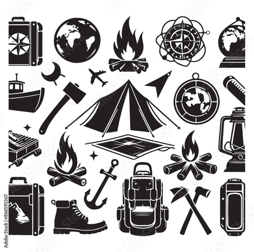 Camping and Outdoors set silhouette vector illustration.