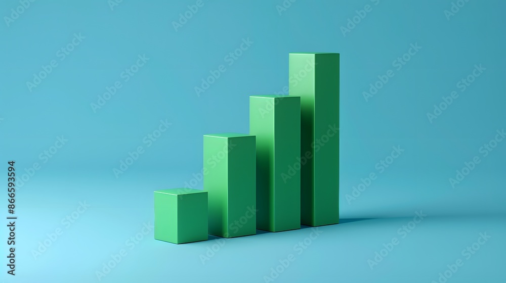 3D green bar chart in increasing order on blue background. Concept of growth, progress, and business success illustrated by rising bars. 3D green bar chart in increasing order on blue background. Concept of growth, progress, and business success illustrated by rising bars.