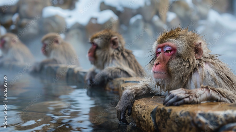Fototapeta premium Monkey in hot spring in winter