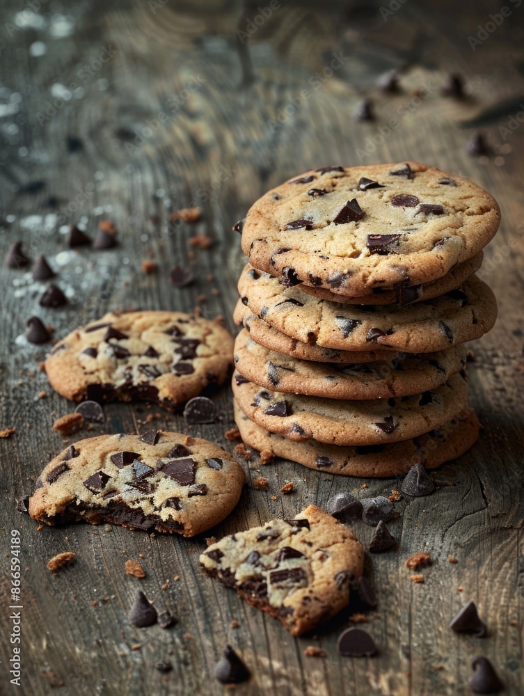 A stack of chocolate chip cookies with a pile of chocolate chips on the table A stack of chocolate chip cookies with a pile of chocolate chips on the table