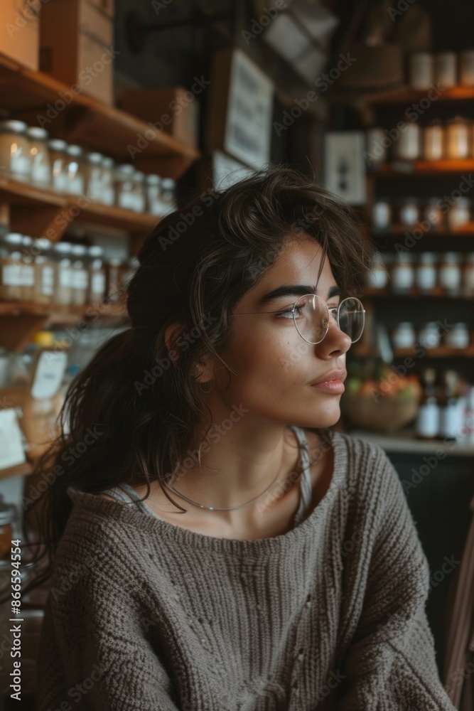 A woman wearing glasses and a sweater sits in a store A woman wearing glasses and a sweater sits in a store