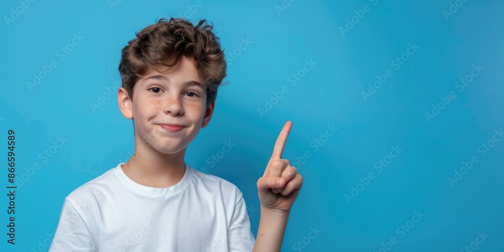 A young boy is smiling and pointing to the sky A young boy is smiling and pointing to the sky