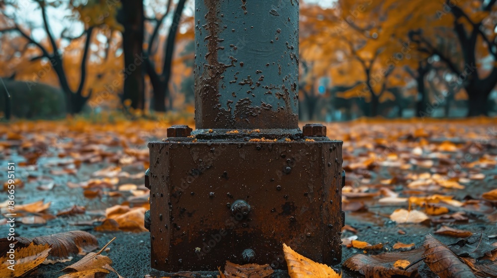 Metal base of electric pole in urban park with copy space front view Metal base of electric pole in urban park with copy space front view