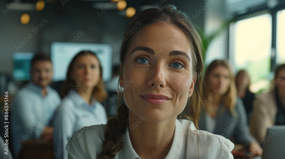 A woman with a smile on her face is sitting in a room with other people A woman with a smile on her face is sitting in a room with other people