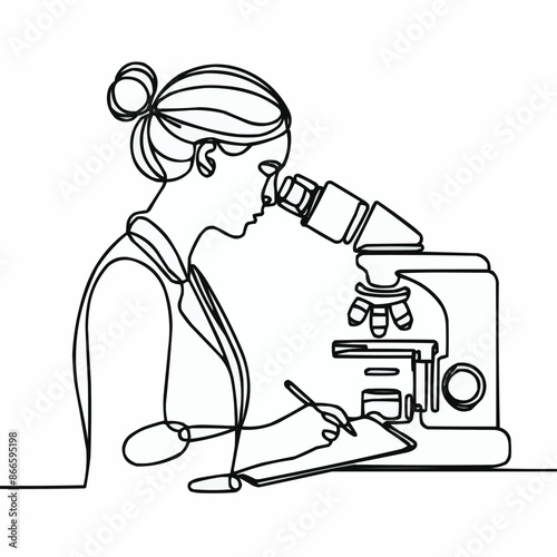 Continuous one line drawing of female scientist working using microscope. Research and science concept - line art illustration. Editable stroke.