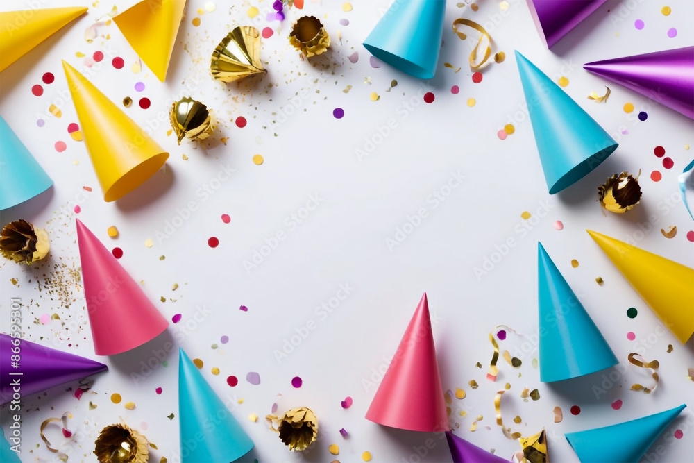 Festive Background with Party Hats, Noisemakers, and Confetti on White or Pastel