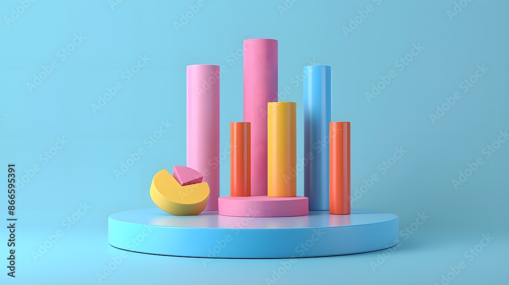 Colorful 3D bar and pie graph on a blue background, representing data visualization, statistics, and business analytics. Colorful 3D bar and pie graph on a blue background, representing data visualization, statistics, and business analytics.