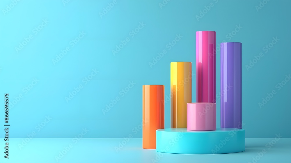 Colorful 3D bar chart on a blue background, representing data visualization, business analysis, and statistical growth. Colorful 3D bar chart on a blue background, representing data visualization, business analysis, and statistical growth.