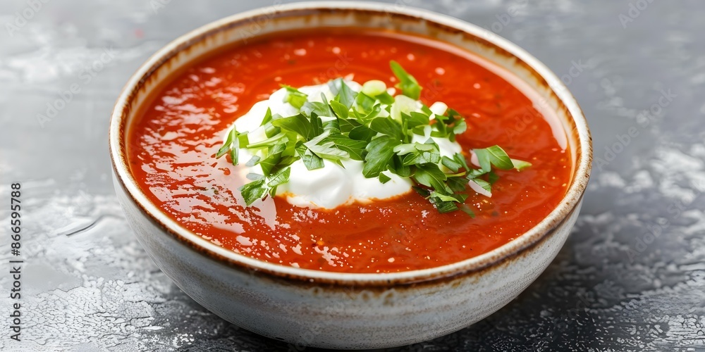 Chilled Red Gazpacho with Sour Cream and Fresh Herbs A Refreshing Delight. Concept Refreshing Dishes, Summer Appetizers, Chilled Soups, Healthy Recipes Chilled Red Gazpacho with Sour Cream and Fresh Herbs A Refreshing Delight. Concept Refreshing Dishes, Summer Appetizers, Chilled Soups, Healthy Recipes