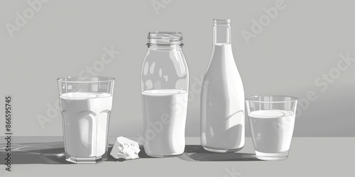 A white glass of milk is next to a white bottle of milk