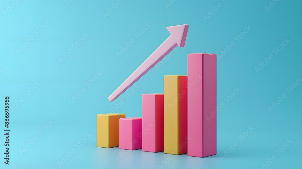 Colorful 3D bar chart with upward arrow on blue background, representing growth, success, and financial progress in business or data analysis. Colorful 3D bar chart with upward arrow on blue background, representing growth, success, and financial progress in business or data analysis.