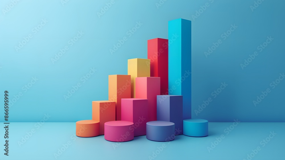 Colorful 3D bar chart with various cylindrical columns on a blue background, representing data analysis and business growth trends.