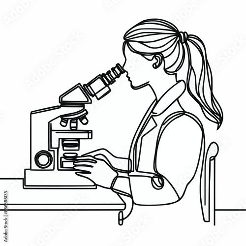 Continuous one line drawing of female scientist working using microscope. Research and science concept - line art illustration. Editable stroke.