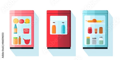 Three refrigerators with different colors and contents