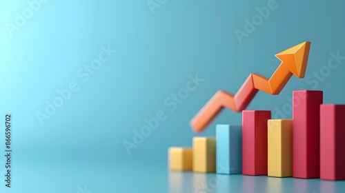 Free Download Colorful 3D bar graph with an upward arrow on a blue gradient background, representing growth, progress, and financial success. - GFXLoad