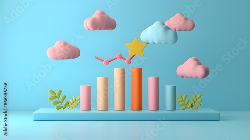 Colorful 3D bar graph with clouds and star on blue background. Perfect for data visualization, statistics, and business concepts.