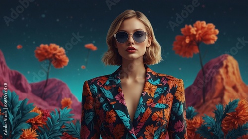 Fashionable Woman in Floral Blazer with Sunglasses in a Surreal Vibrant Landscape photo