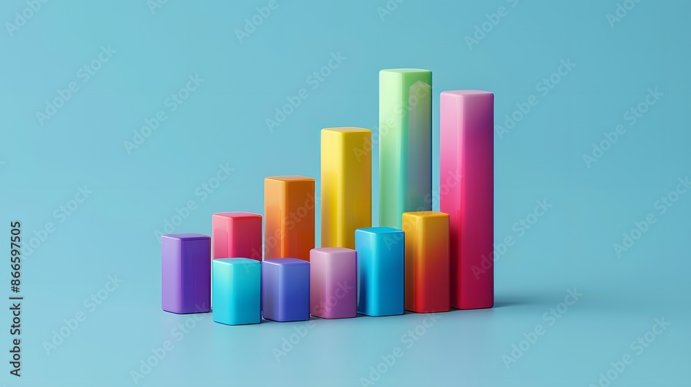 Colorful bar chart with 3D columns on a blue background, representing data visualization and statistical analysis. Colorful bar chart with 3D columns on a blue background, representing data visualization and statistical analysis.