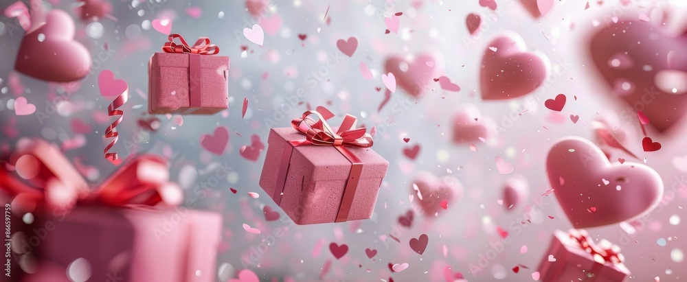 Obraz premium Pink Gift Boxes Falling Through Confetti and Hearts for Valentines Day