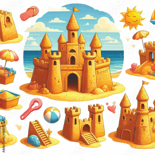 Cartoon sandcastle with tower, gate and window for summer beach vacation and children play concept. Vector illustration set of palace sculpture made of yellow shore sand. Summertime activity elements.