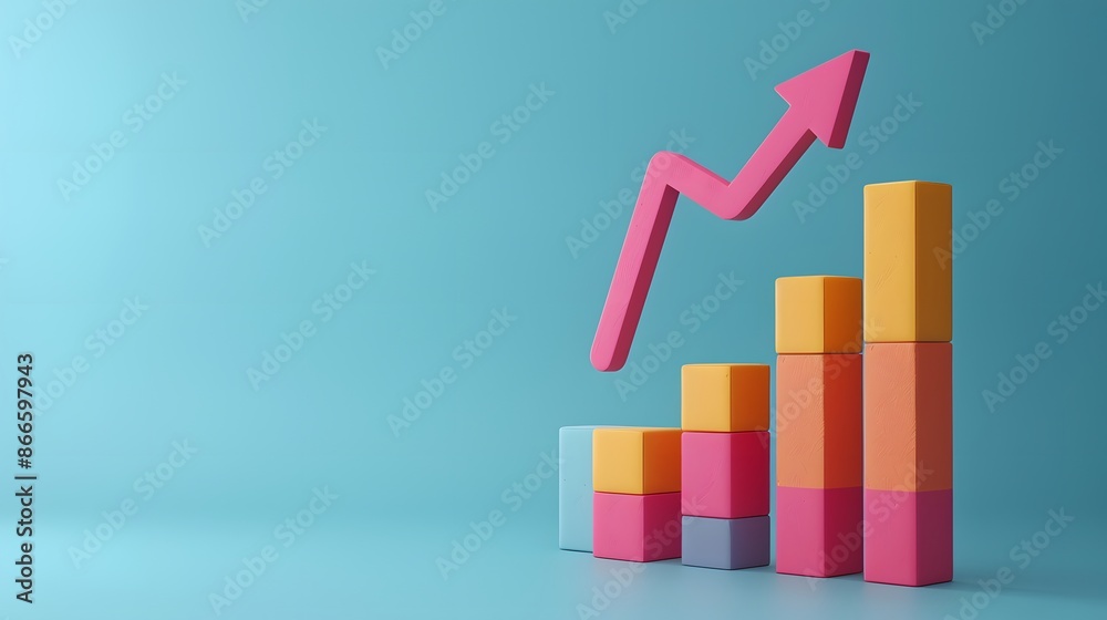 Colorful bar graph with upward arrow on blue background, representing business growth and success, data analysis, and financial chart. Colorful bar graph with upward arrow on blue background, representing business growth and success, data analysis, and financial chart.