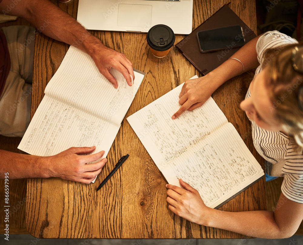 Naklejka premium Students, top and discussion with notebooks in cafe, study session and university notes for education with people. Learning, friends and exam or assessment preparation, assignment and collaboration