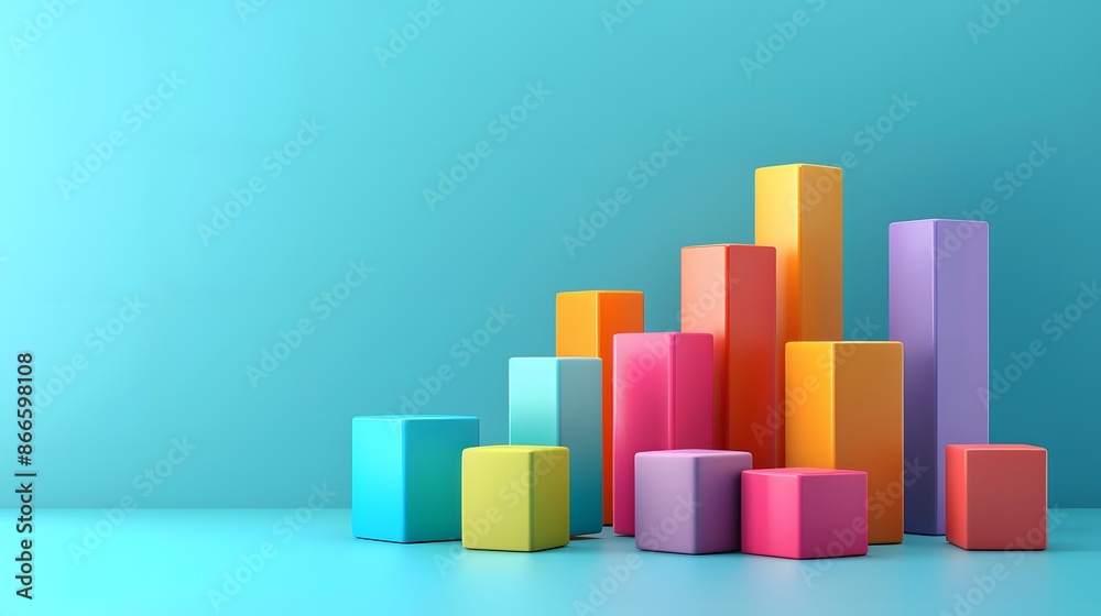 Colorful bar graph with wooden blocks against a blue background, representing data analysis, statistics, and financial growth. Colorful bar graph with wooden blocks against a blue background, representing data analysis, statistics, and financial growth.