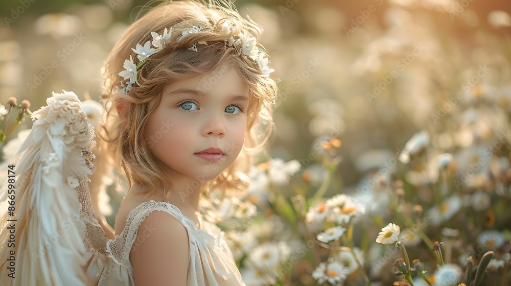 Fototapeta premium Child angel in a lush, vibrant garden.