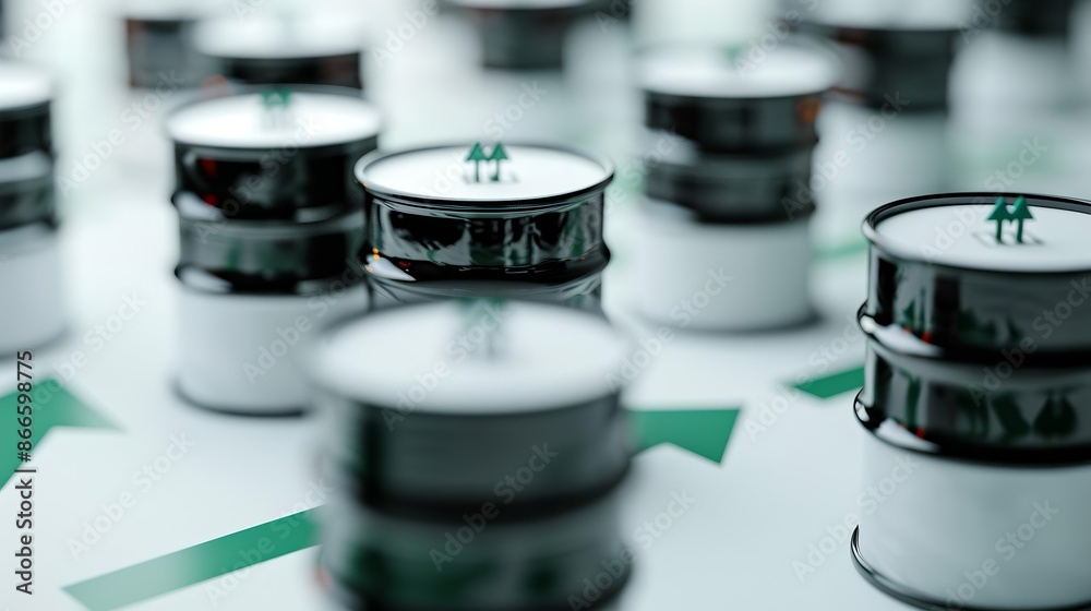 Supply and demand concept with oil barrels and arrows in a white and green setting Supply and demand concept with oil barrels and arrows in a white and green setting