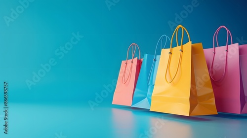 Colorful shopping bags against a blue background, representing retail, shopping, and consumerism. Ideal for advertisements and promotions.