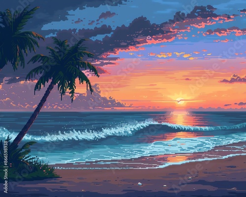 Pixel art of a serene beach at sunset, waves gently crashing, palm trees, vibrant colors, relaxing atmosphere, tropical style, detailed landscape