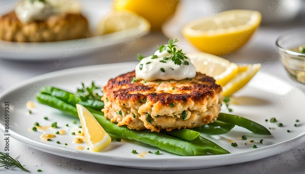 Crab cake with remoulade sauce and lemon in a white plate at close up view - healthy seafood appetizer
Crab cake with remoulade sauce and lemon in a white plate at close up view - healthy seafood appetizer