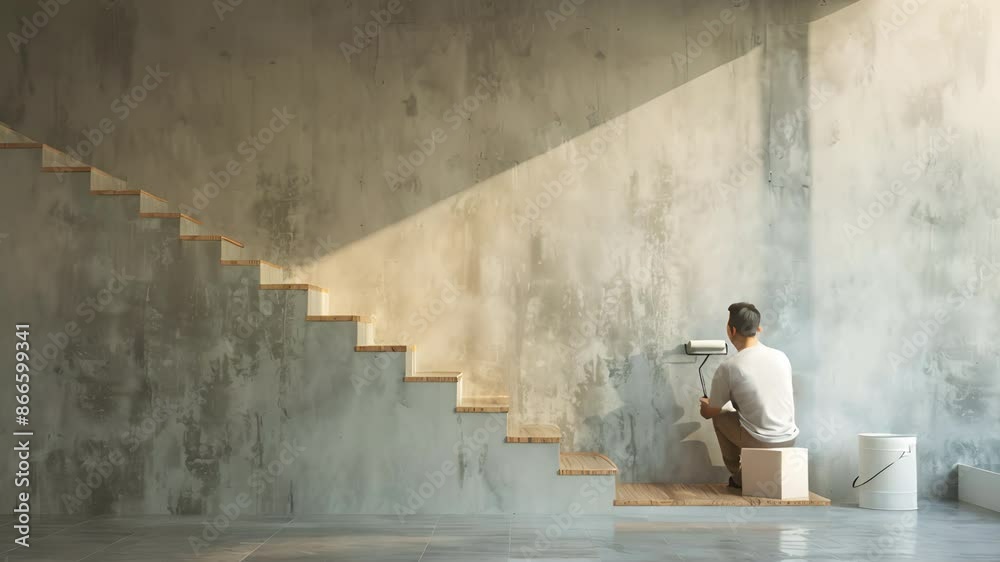 Rear view of male painter painting wall with paint roller and bucket isolated from large empty area with wooden stairs. Rear view of male painter painting wall with paint roller and bucket isolated from large empty area with wooden stairs.