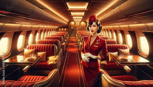 Wallpaper Mural luxurious version of a retro airplane cabin, with a flight attendant in an elegant red uniform. Torontodigital.ca