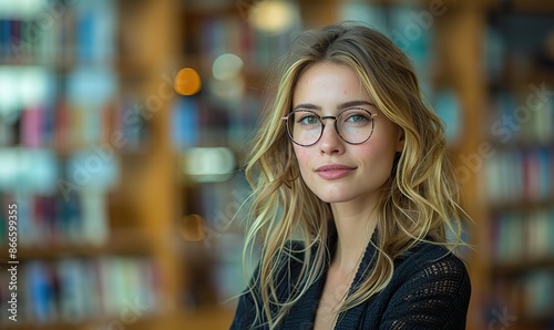 A professional woman stands against bright, colorful bookshelves in a portrait, symbolizing her intellectual depth and vibrant personality.