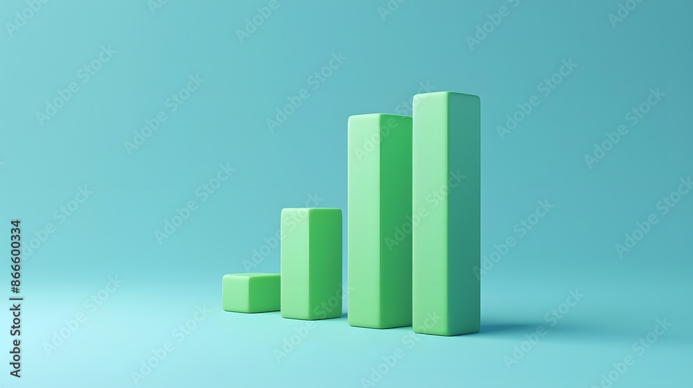 Green 3D bar chart representing business growth on a blue background. Concept of progress, success, and data visualization. Green 3D bar chart representing business growth on a blue background. Concept of progress, success, and data visualization.