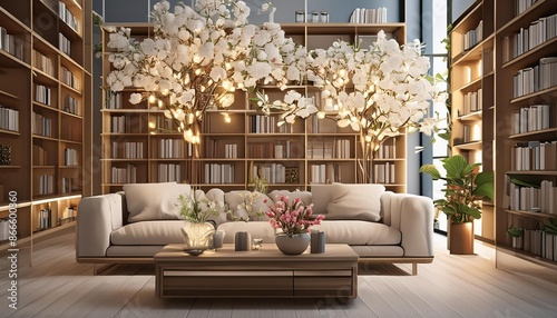 Library luxuriance: opulent book storage, exotic flowers, sparkling decorative lights photo