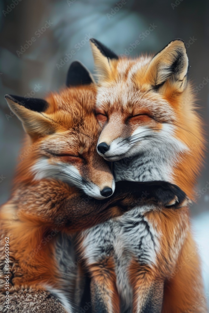 two foxes are hugging. Selective focus two foxes are hugging. Selective focus