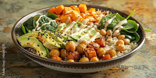 Create a wholesome Buddha bowl filled with quinoa, roasted sweet potatoes, avocado, chickpeas, spinach, and drizzled with tahini sauce.